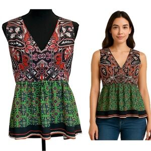 Clover Canyon sleeveless V-neck peplum top blouse multicoloured all over print L